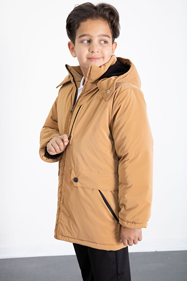 Hardal Fermuarlı Göğüs Cepli İçi Kürklü Erkek Çocuk Kapüşonlu Mont 21357