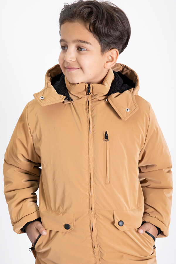 Hardal Fermuarlı Göğüs Cepli İçi Kürklü Erkek Çocuk Kapüşonlu Mont 21357