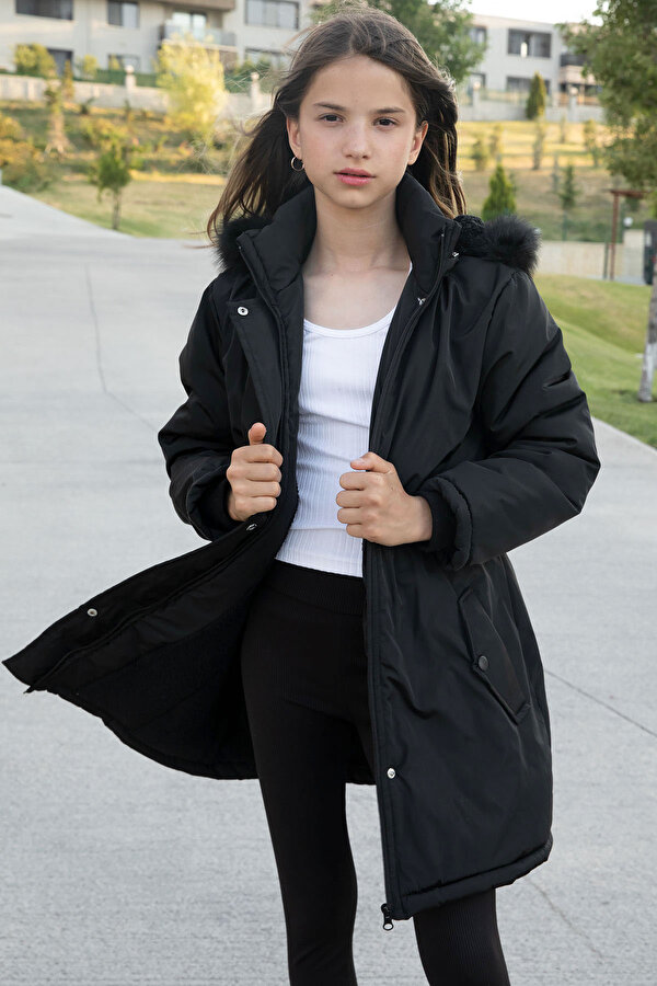 Siyah Çıtçıtlı Cepli Esnek Bel İçi Kürklü Kız Çocuk Kapüşonlu Mont 21301