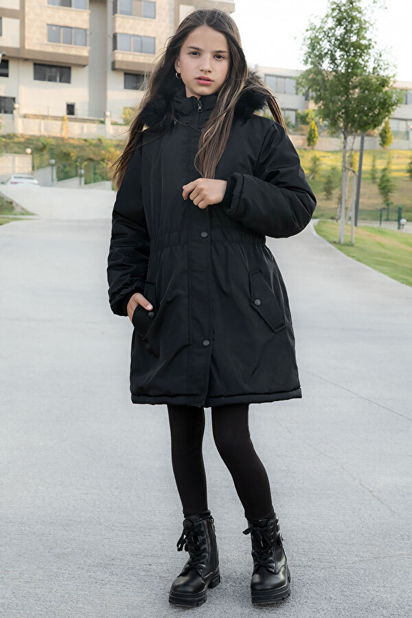 Siyah Çıtçıtlı Cepli Esnek Bel İçi Kürklü Kız Çocuk Kapüşonlu Mont 21301