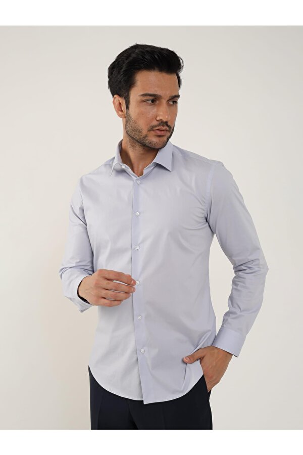 Açık Gri Erkek Slim Fit Düz Klasik Yaka Uzun Kol Gömlek