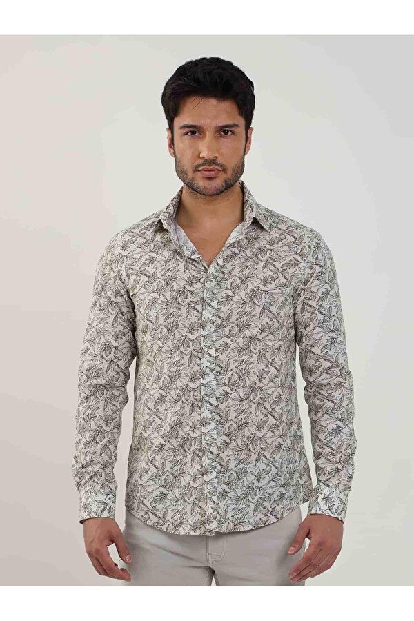 Haki Erkek Slim Fit Yaprak Desenli Brent Yaka Uzun Kol Gömlek