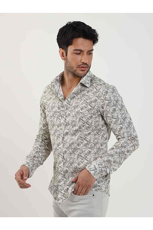 Haki Erkek Slim Fit Yaprak Desenli Brent Yaka Uzun Kol Gömlek