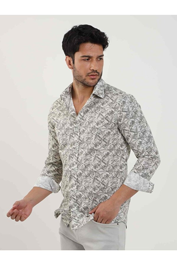 Haki Erkek Slim Fit Yaprak Desenli Brent Yaka Uzun Kol Gömlek