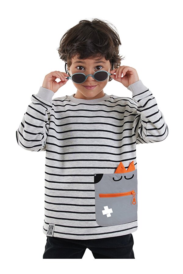 Cool Oversize Çizgili Gri Erkek Çocuk Sweatshirt