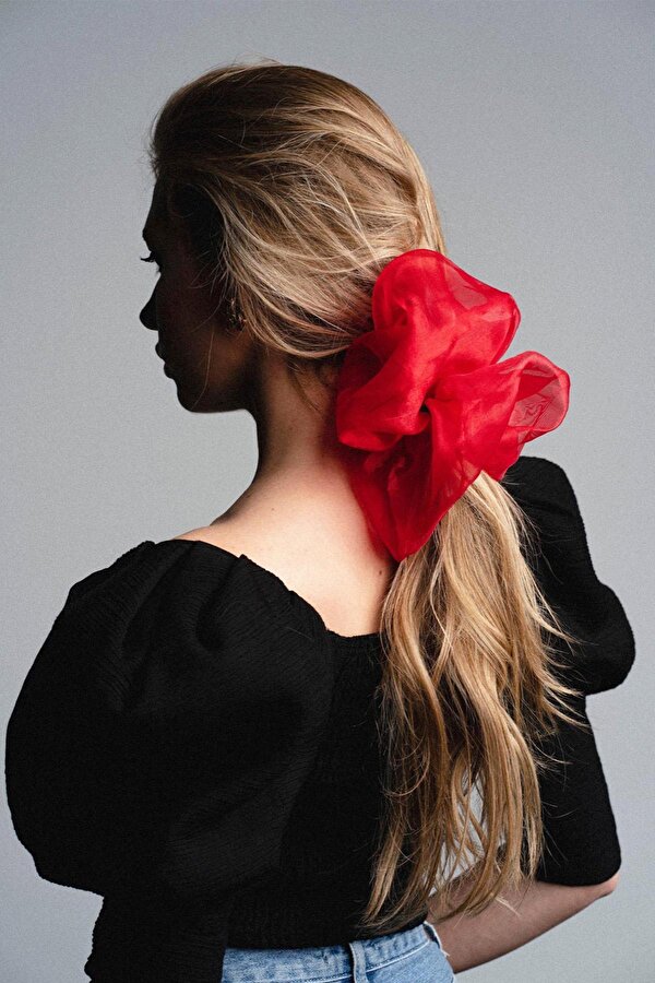 Kadın Kırmızı Orta Boy Organze Lastik Toka