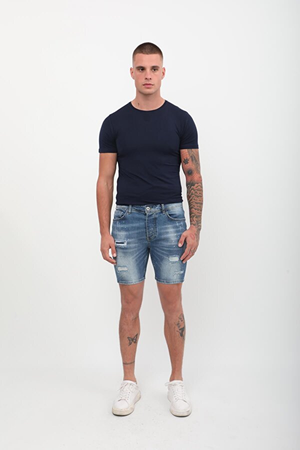 Erkek Boyalı Jean Kısa Şort Mavi