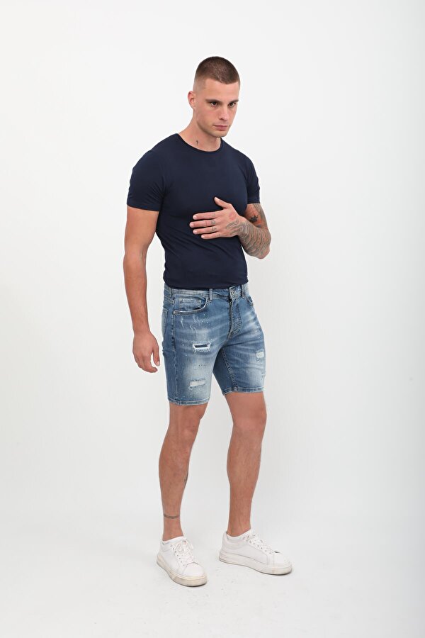 Erkek Boyalı Jean Kısa Şort Mavi