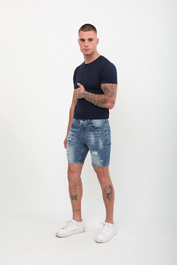 Erkek Boyalı Jean Kısa Şort Mavi