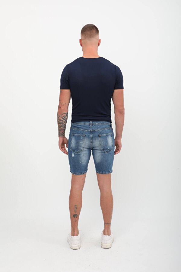 Erkek Boyalı Jean Kısa Şort Mavi