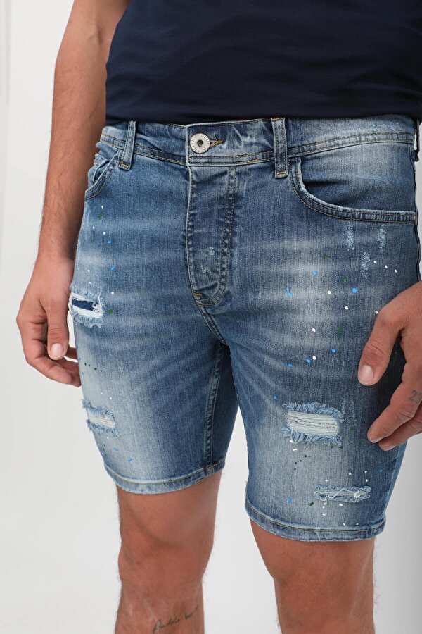 Erkek Boyalı Jean Kısa Şort Mavi