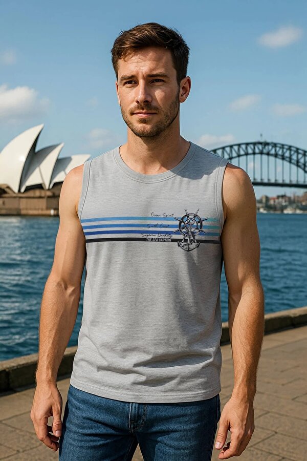 Erkek %100 Pamuk Bisiklet Yaka Çapa Baskılı Kolsuz T-shirt