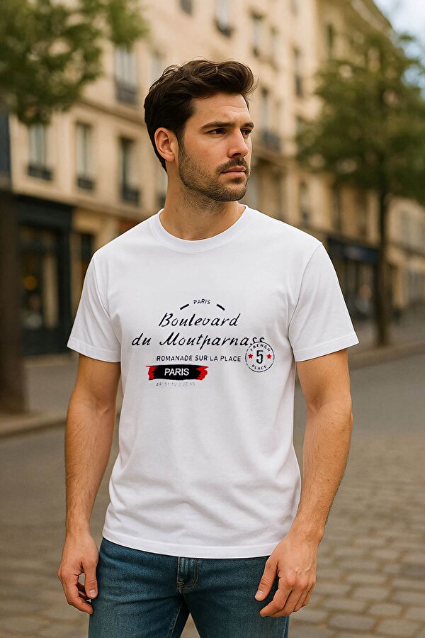 Erkek Bisiklet Yaka Baskılı Siyah T-shirt