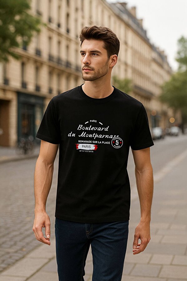 Erkek Bisiklet Yaka Baskılı Siyah T-shirt