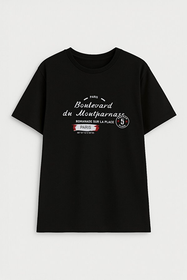 Erkek Bisiklet Yaka Baskılı Siyah T-shirt