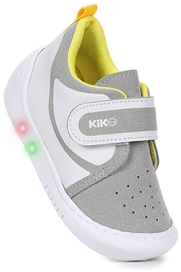 Kugan Cırtlı Işıklı Erkek Bebek Yürüyüş Spor Ayakkabı Gri - Sarı