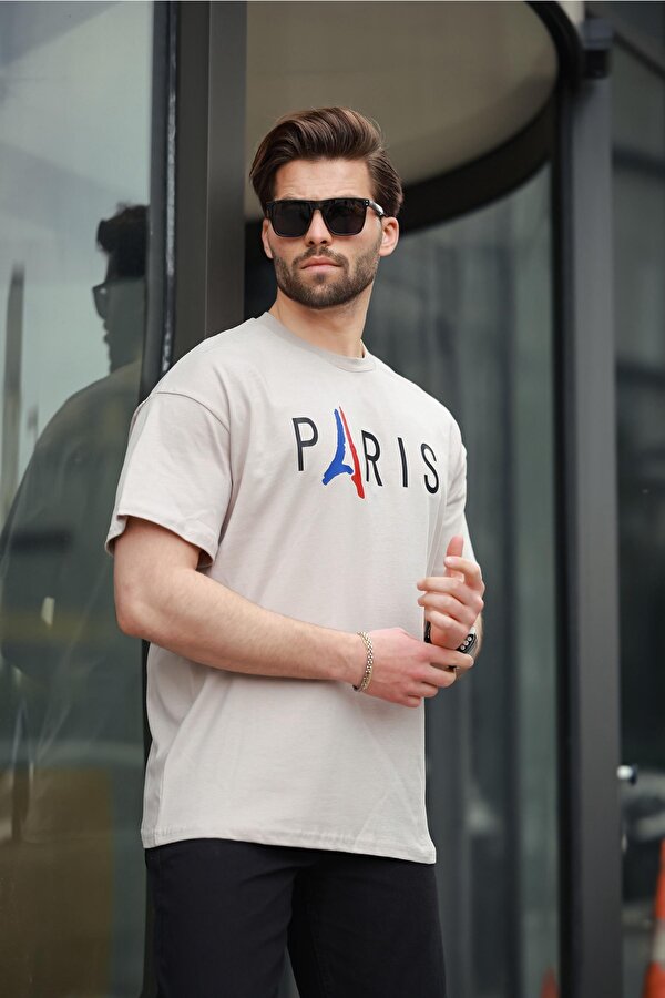 Bej %100 Pamuklu Baskılı Erkek Tişört E7146