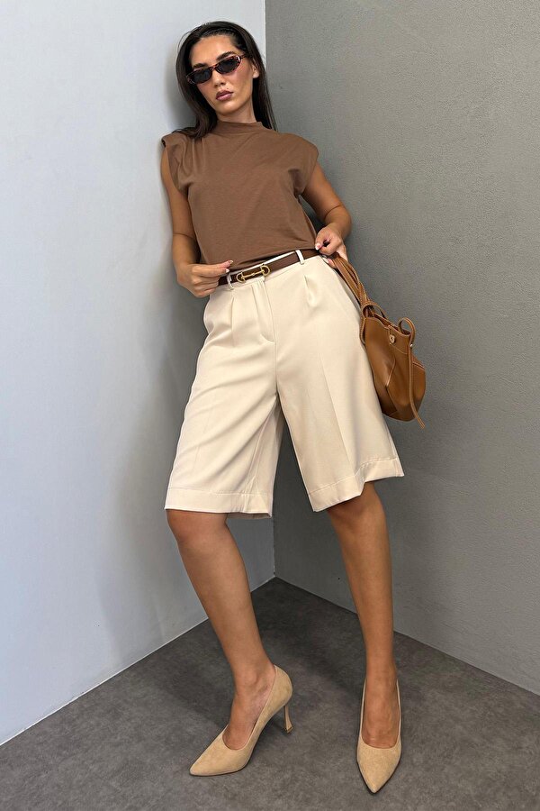 Bej Pileli Kadın Bermuda Şort Mg2483