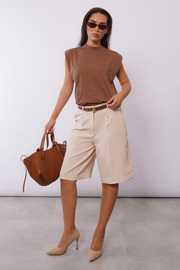 Bej Pileli Kadın Bermuda Şort Mg2483