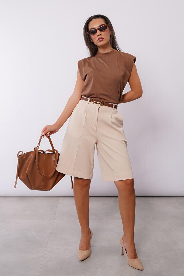 Bej Pileli Kadın Bermuda Şort Mg2483