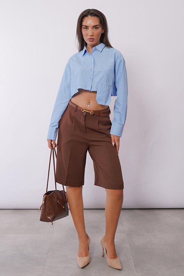 Kahverengi Pileli Kadın Bermuda Şort Mg2483