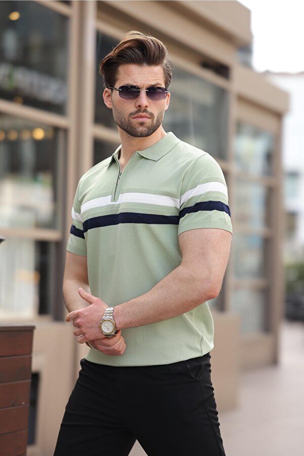 Çağla Yeşili Fermuarlı Polo Yaka Triko Erkek T-shirt E7299
