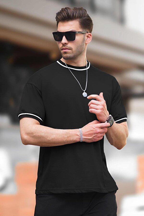 Siyah Bisiklet Yaka Kol Boyun Şeritli Overfit Tişört 7024