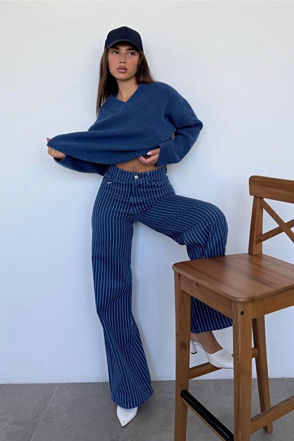 İndigo V Yaka Triko Kadın Kazak Mg2501