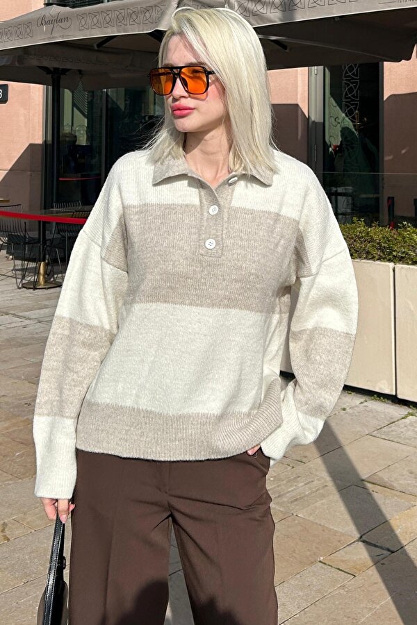 Bej Düğmeli Polo Yaka Çizgili Kadın Kazak Mg2286