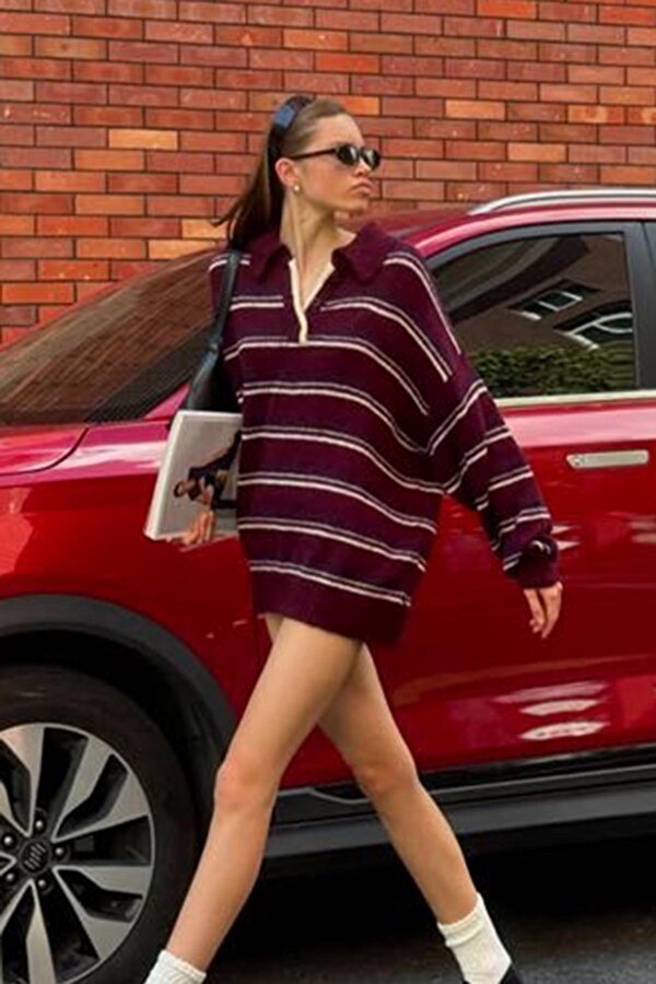 Bordo Çizgili Düğmeli Polo Yaka Kazak Mg2357