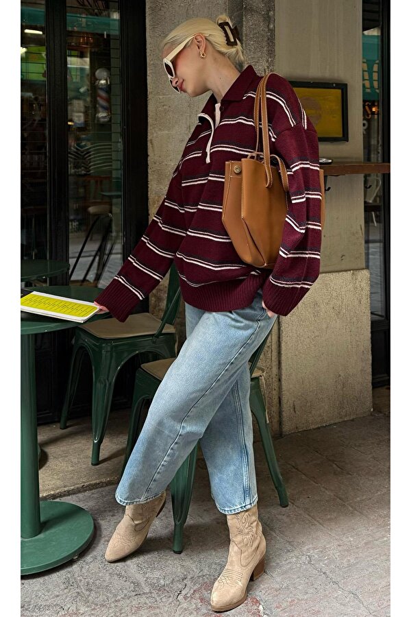 Bordo Çizgili Düğmeli Polo Yaka Kazak Mg2357