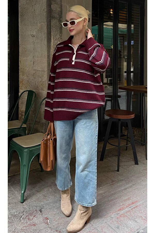 Bordo Çizgili Düğmeli Polo Yaka Kazak Mg2357