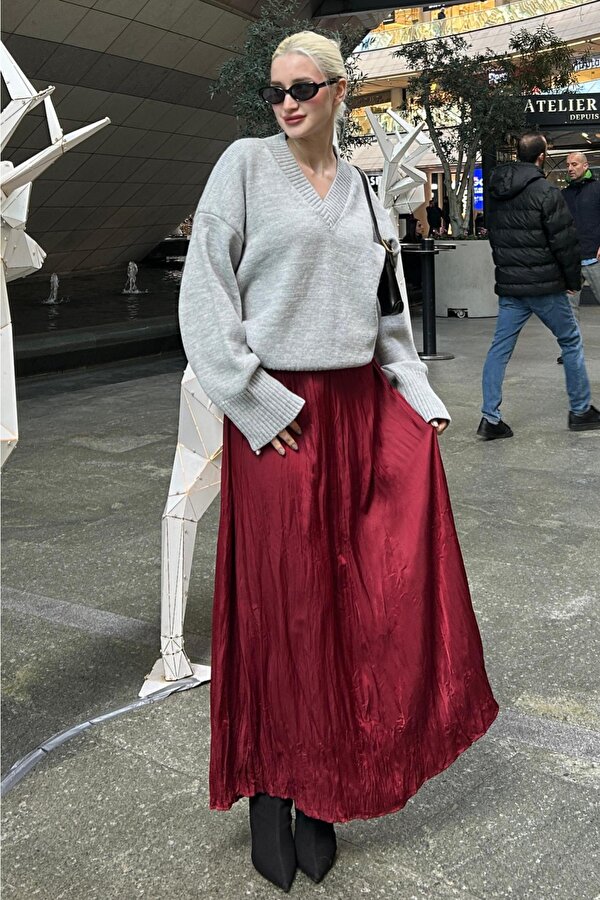 Gri V Yaka Oversize Kadın Triko Kazak MG2149