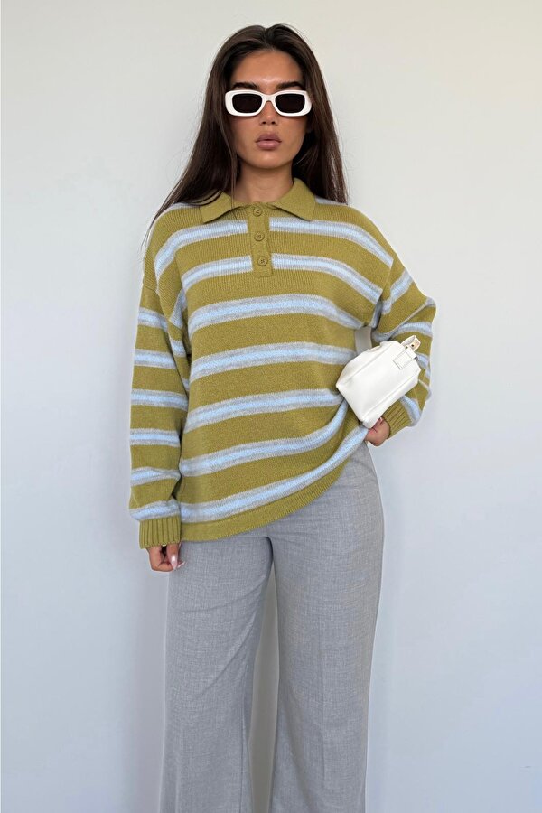 Yeşil Polo Yaka Çizgili Kadın Triko Kazak Mg2469