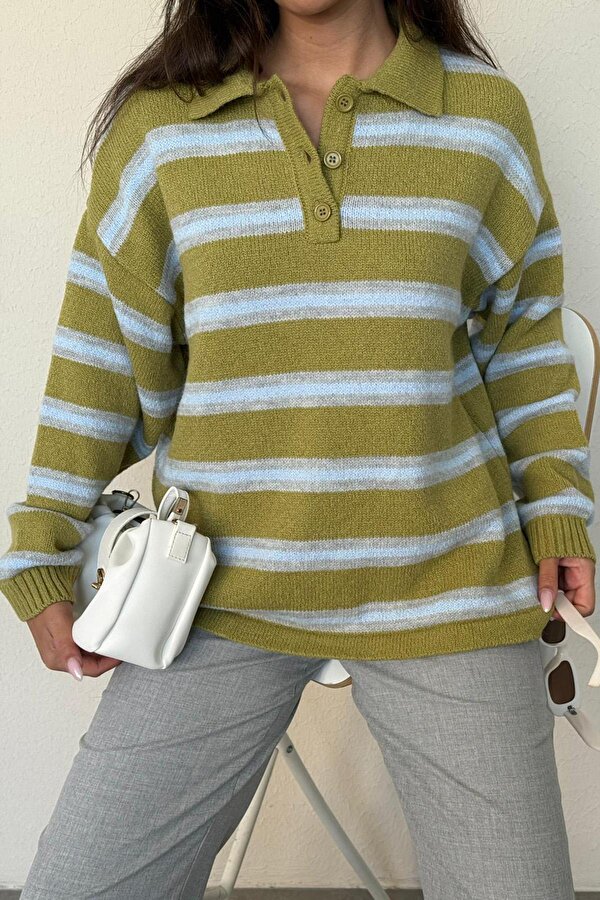 Yeşil Polo Yaka Çizgili Kadın Triko Kazak Mg2469