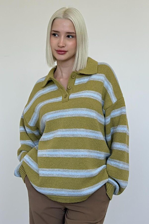 Yeşil Polo Yaka Çizgili Kadın Triko Kazak Mg2469