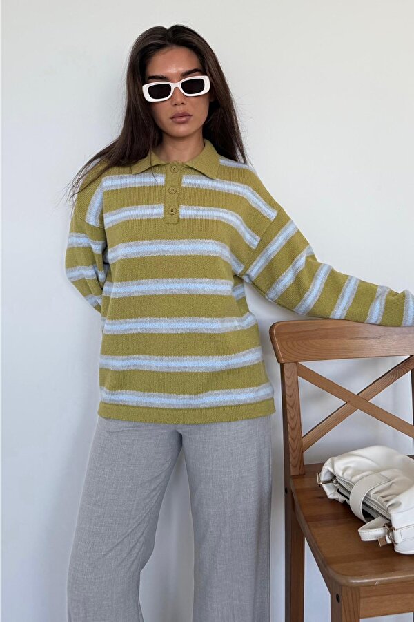 Yeşil Polo Yaka Çizgili Kadın Triko Kazak Mg2469