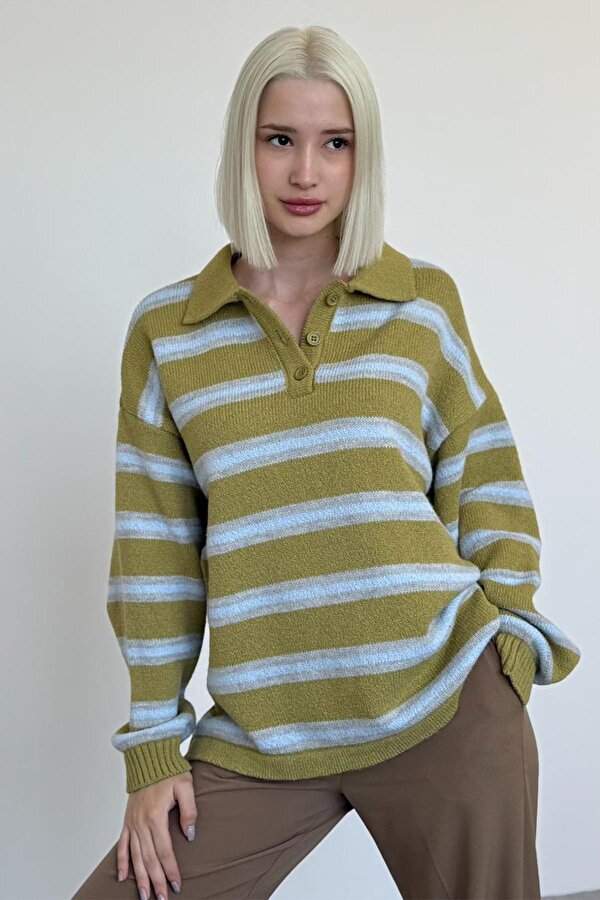 Yeşil Polo Yaka Çizgili Kadın Triko Kazak Mg2469