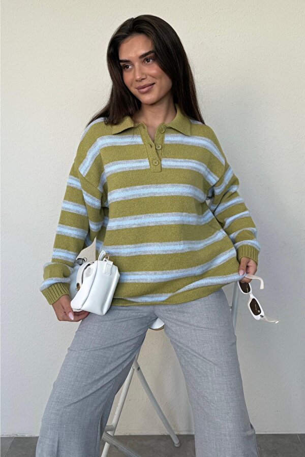 Yeşil Polo Yaka Çizgili Kadın Triko Kazak Mg2469