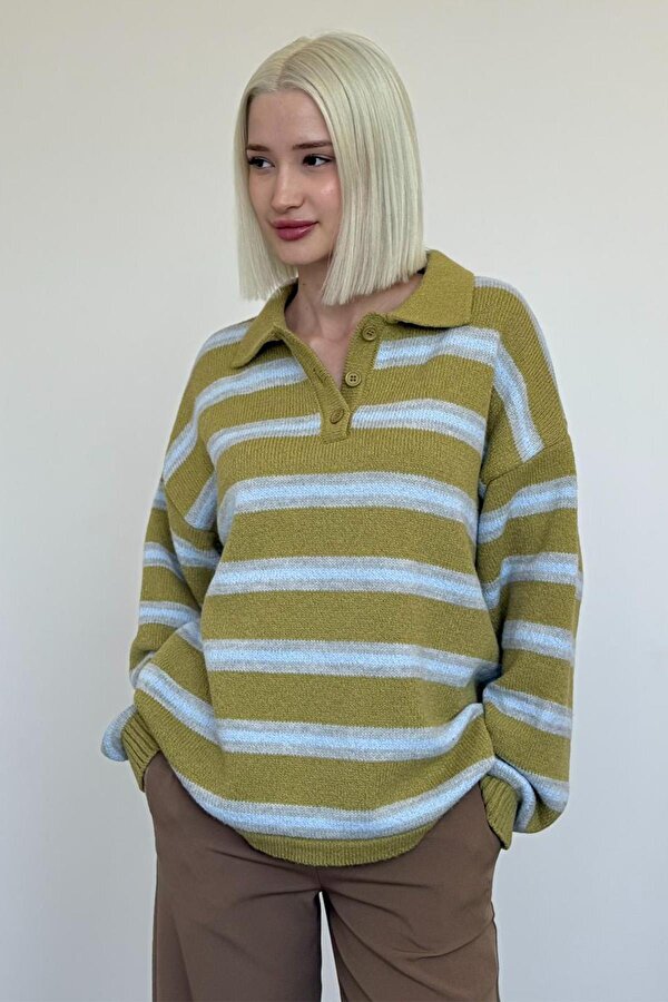 Yeşil Polo Yaka Çizgili Kadın Triko Kazak Mg2469
