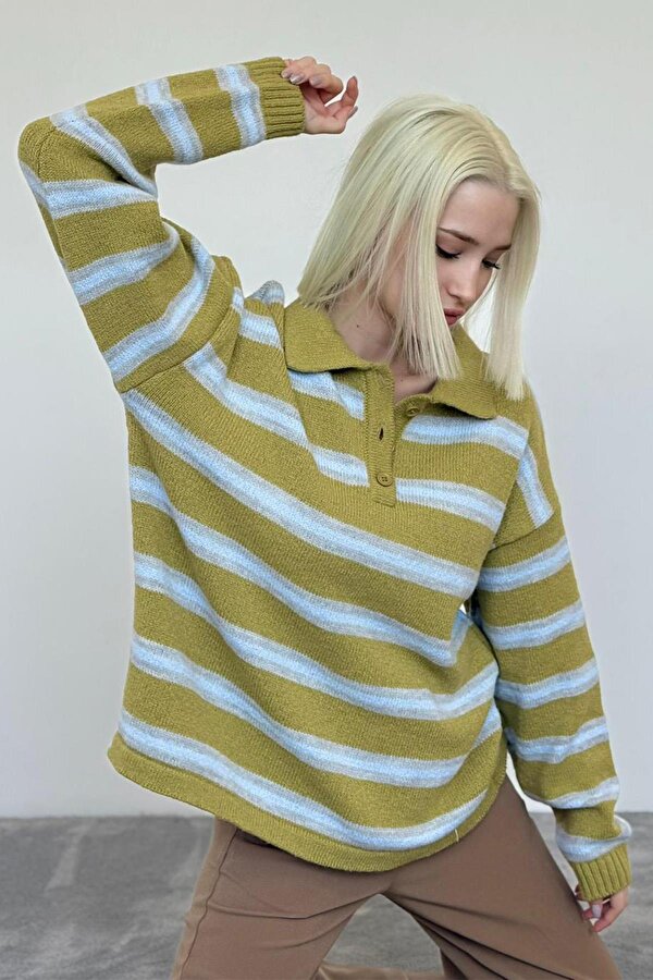 Yeşil Polo Yaka Çizgili Kadın Triko Kazak Mg2469