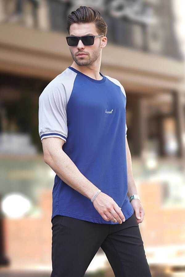 Lacivert Bisiklet Yaka Nakış Deyatlı Kısa Kollu Erkek Tişört 7013