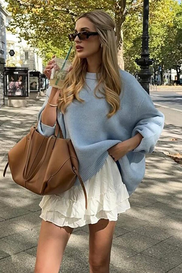 Bebe Mavisi Bisiklet Yaka Oversize Triko Kazak MG1972