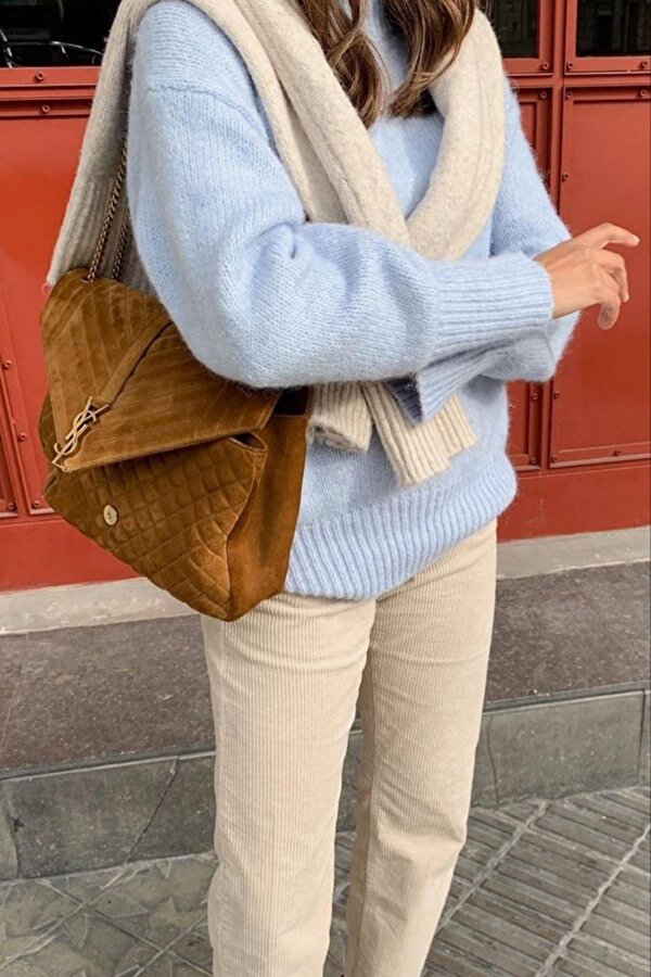 Bebe Mavisi Bisiklet Yaka Oversize Triko Kazak MG1972