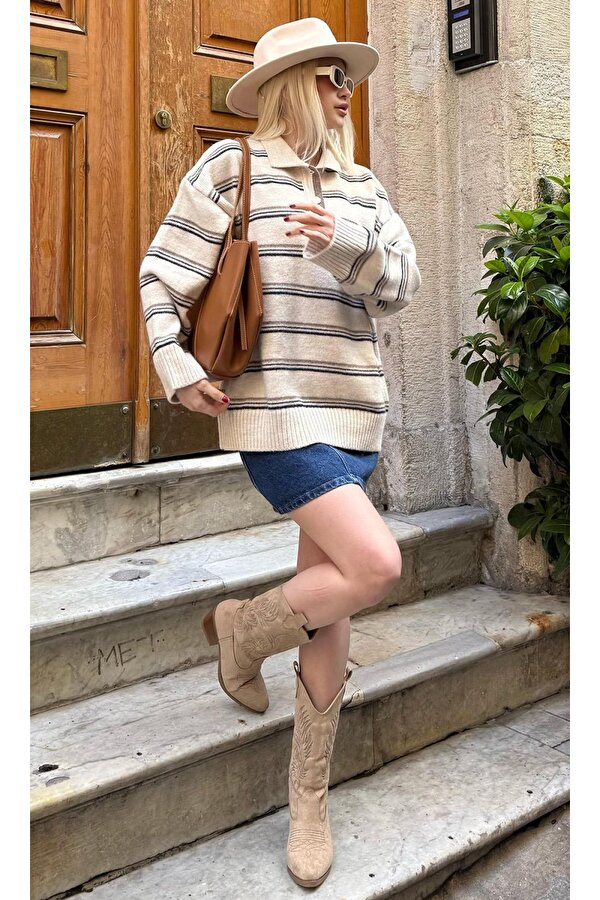 Ekru Çizgili Düğmeli Polo Yaka Kazak Mg2357