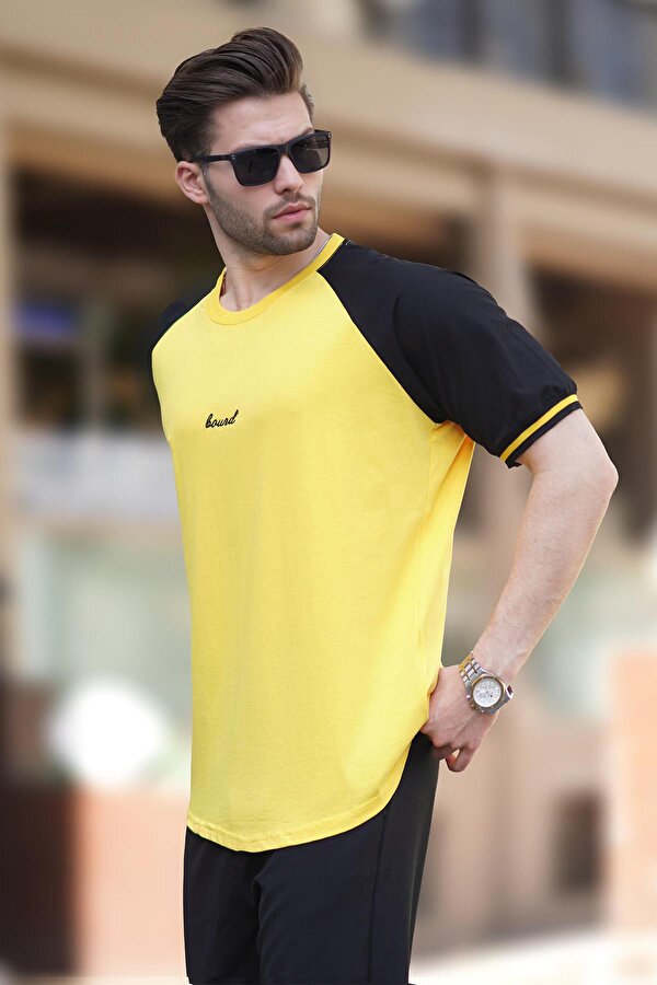 Koyu Sarı Bisiklet Yaka Nakış Deyatlı Kısa Kollu Erkek Tişört 7013