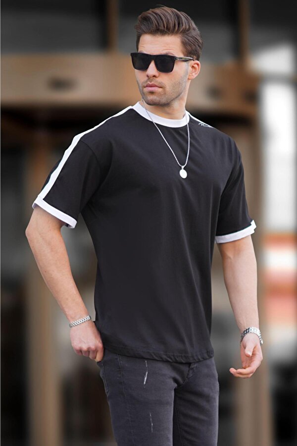 Erkek Siyah Oversize Şerit Detaylı Basic Tişört 7023