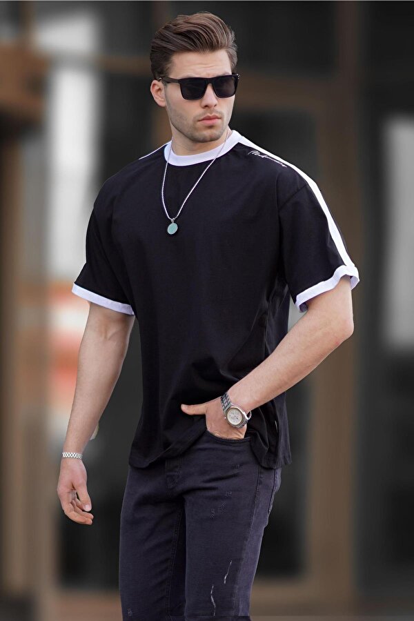 Erkek Siyah Oversize Şerit Detaylı Basic Tişört 7023