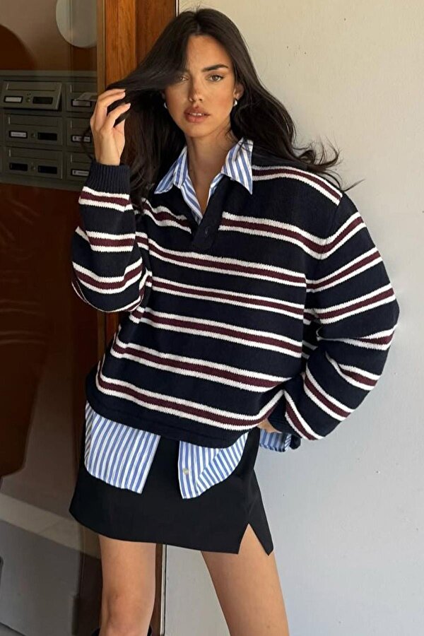 Siyah Polo Yaka Çizgili Kadın Triko Kazak Mg2469