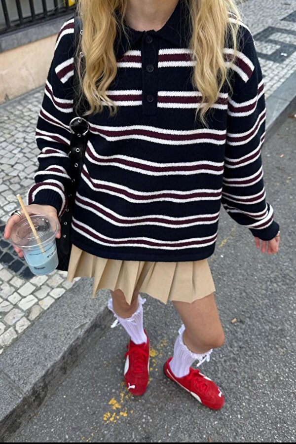 Siyah Polo Yaka Çizgili Kadın Triko Kazak Mg2469